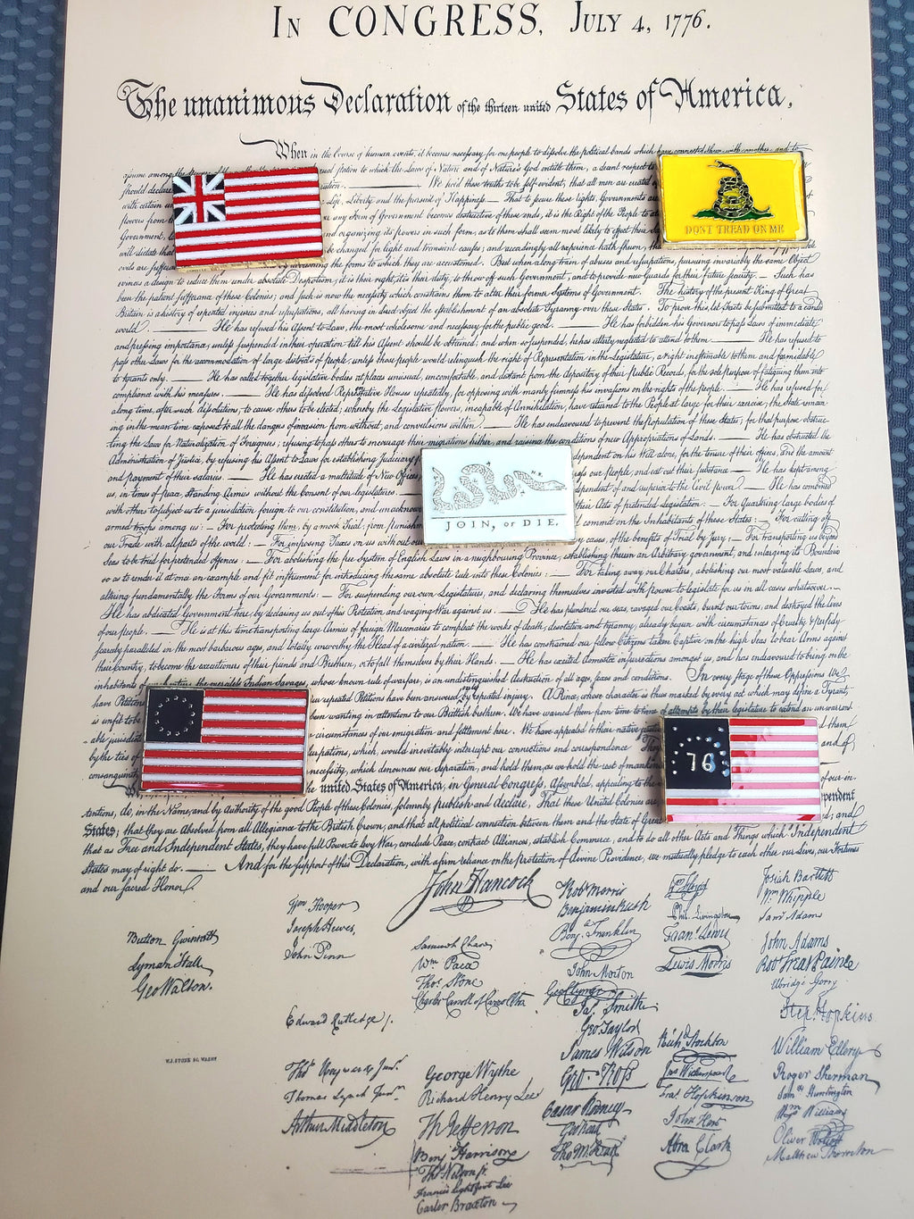 Founding Flags of America Pin Collection | 5 Cloisonné Lapel Pins on Constitutional Parchment