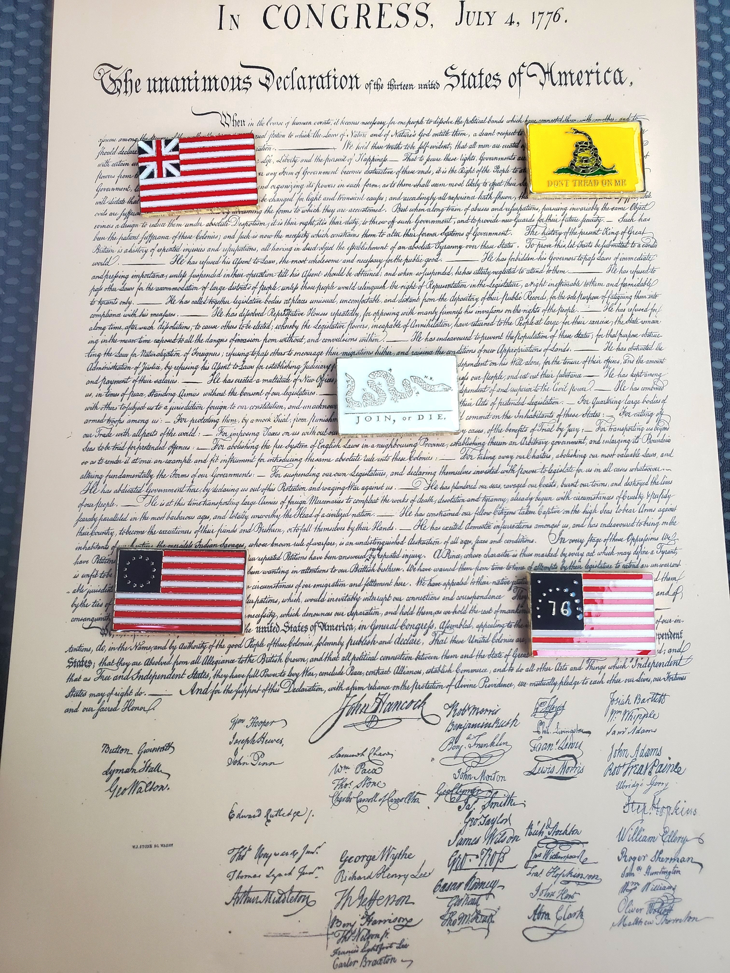 Founding Flags of America Pin Collection | 5 Cloisonné Lapel Pins on Constitutional Parchment