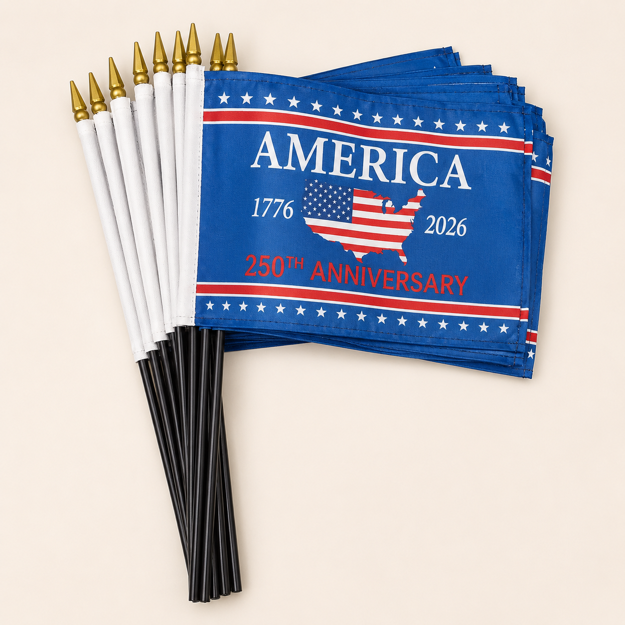 America 250th Anniversary Stick Flag 4"×6" | USA Map | 1776–2026 | Black Staff | Gold Spear | Limited Edition