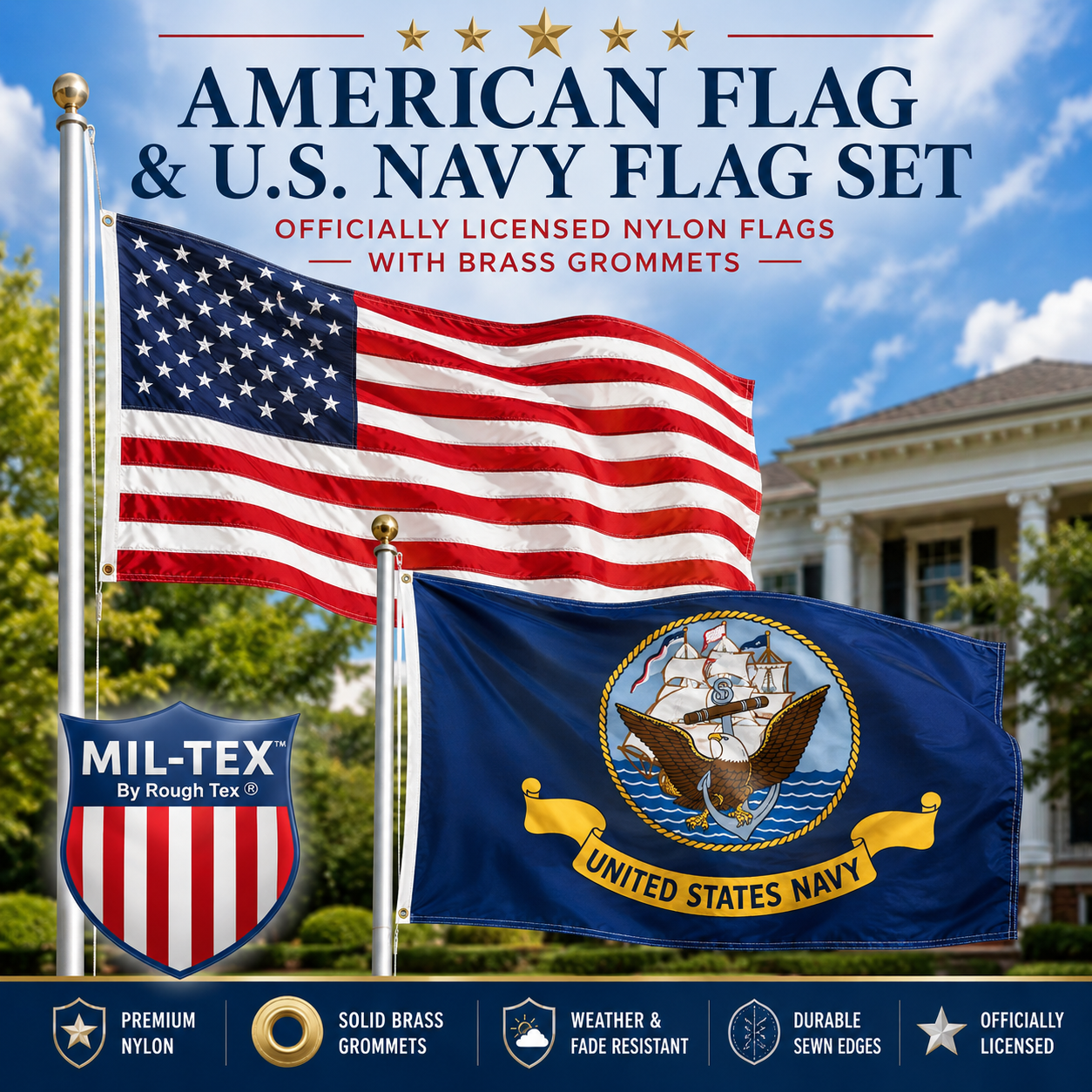 American Flag & U.S. Navy Flag Set – Officially Licensed Nylon Flags with Brass Grommets