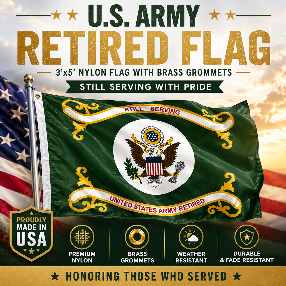 U.S. Army Retired Flag – 3'x5' Nylon Flag with Brass Grommets