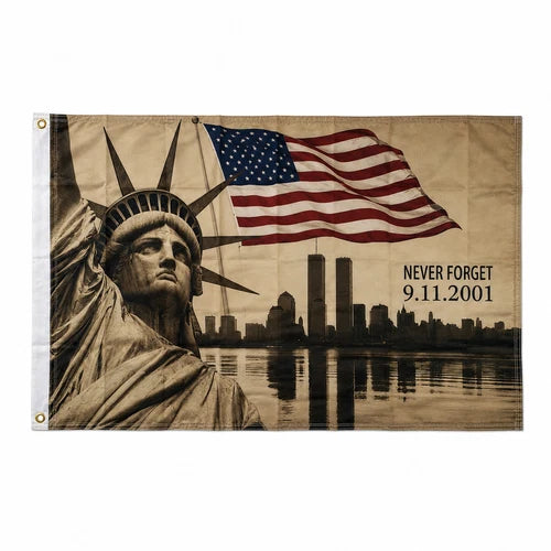 September 11 Never Forget Memorial Flag – Vintage Statue of Liberty & Twin Towers 3' x 5'