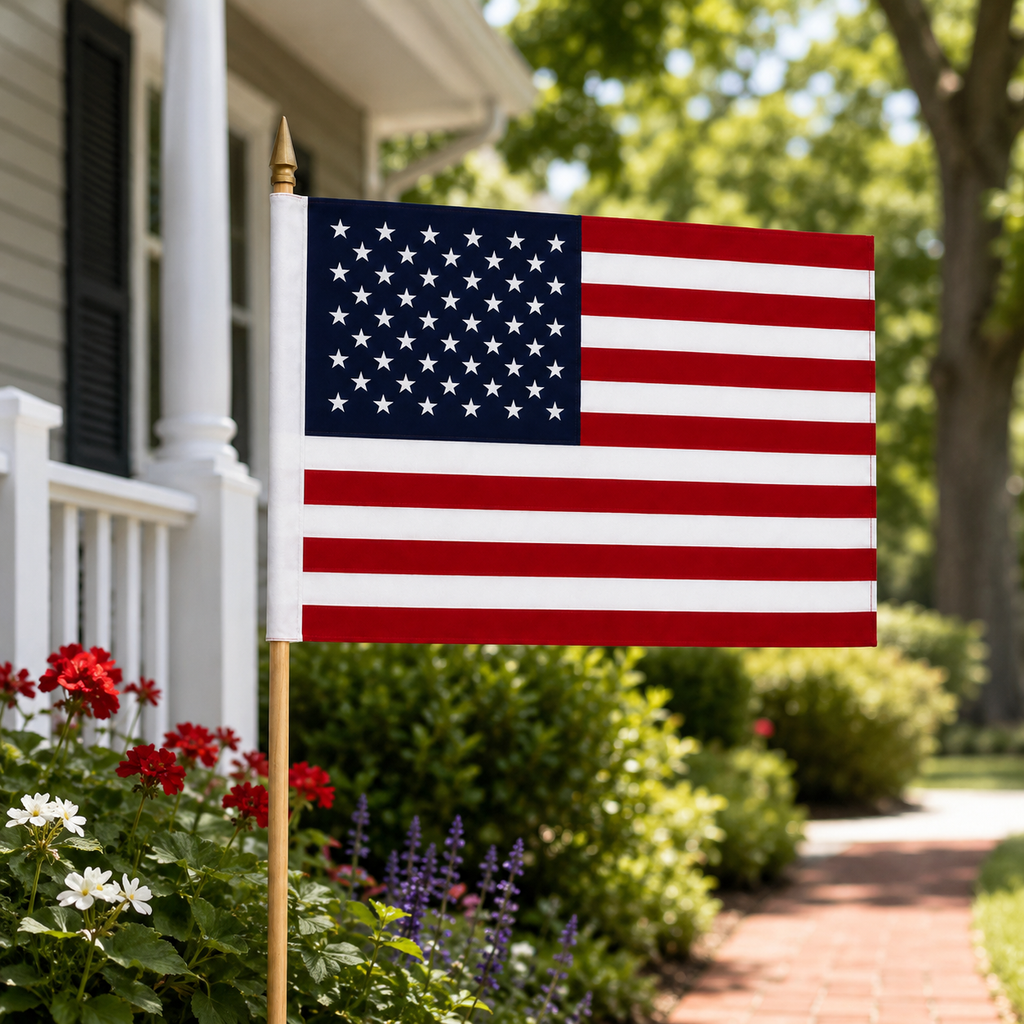 American Stick Flags 8"×12" | 24" Wooden Staff | Gold Spear | Sewn Edges | Made in USA