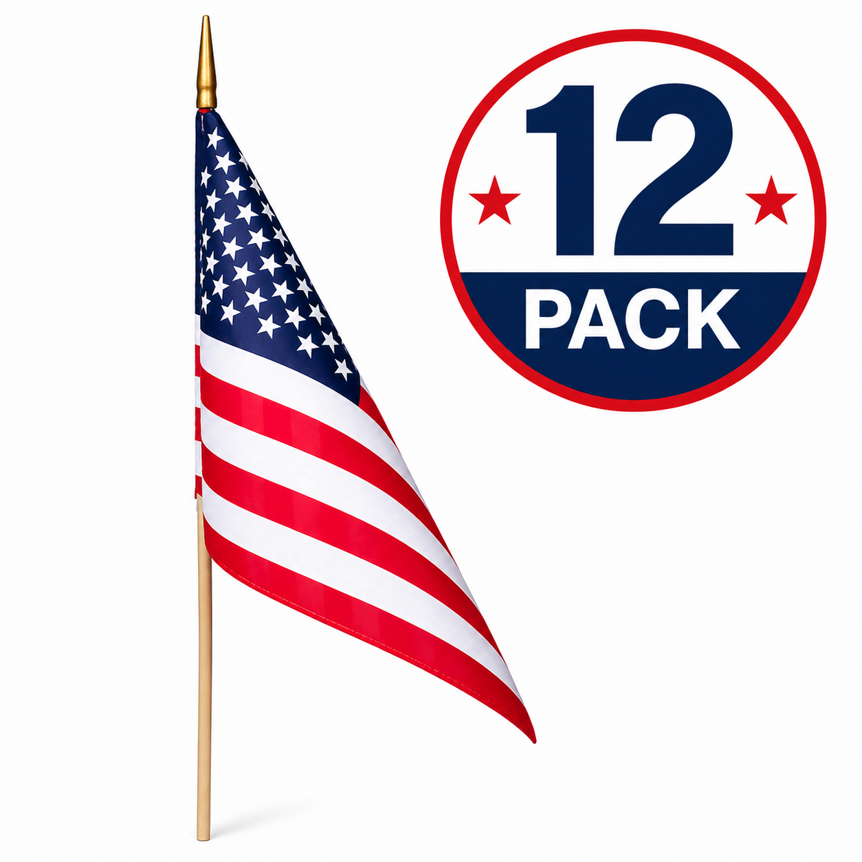 American Stick Flags 12"×18" | 30" Wooden Staff | Gold Spear | Sewn Edges | Made in USA