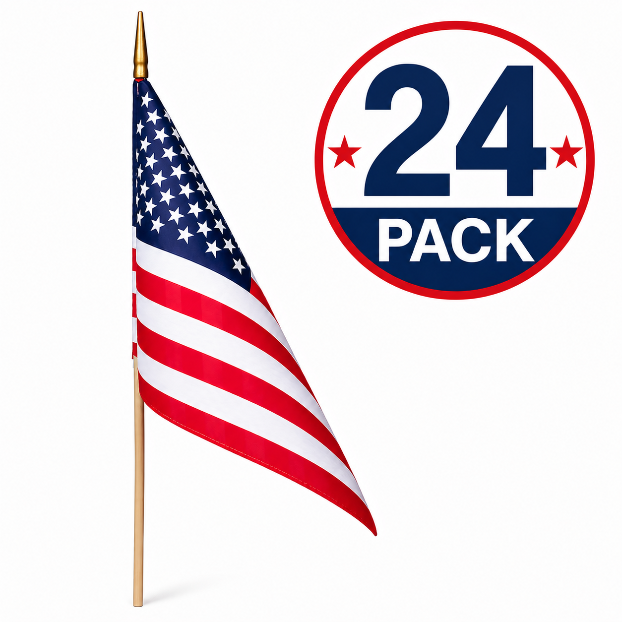 American Stick Flags 12"×18" | 30" Wooden Staff | Gold Spear | Sewn Edges | Made in USA