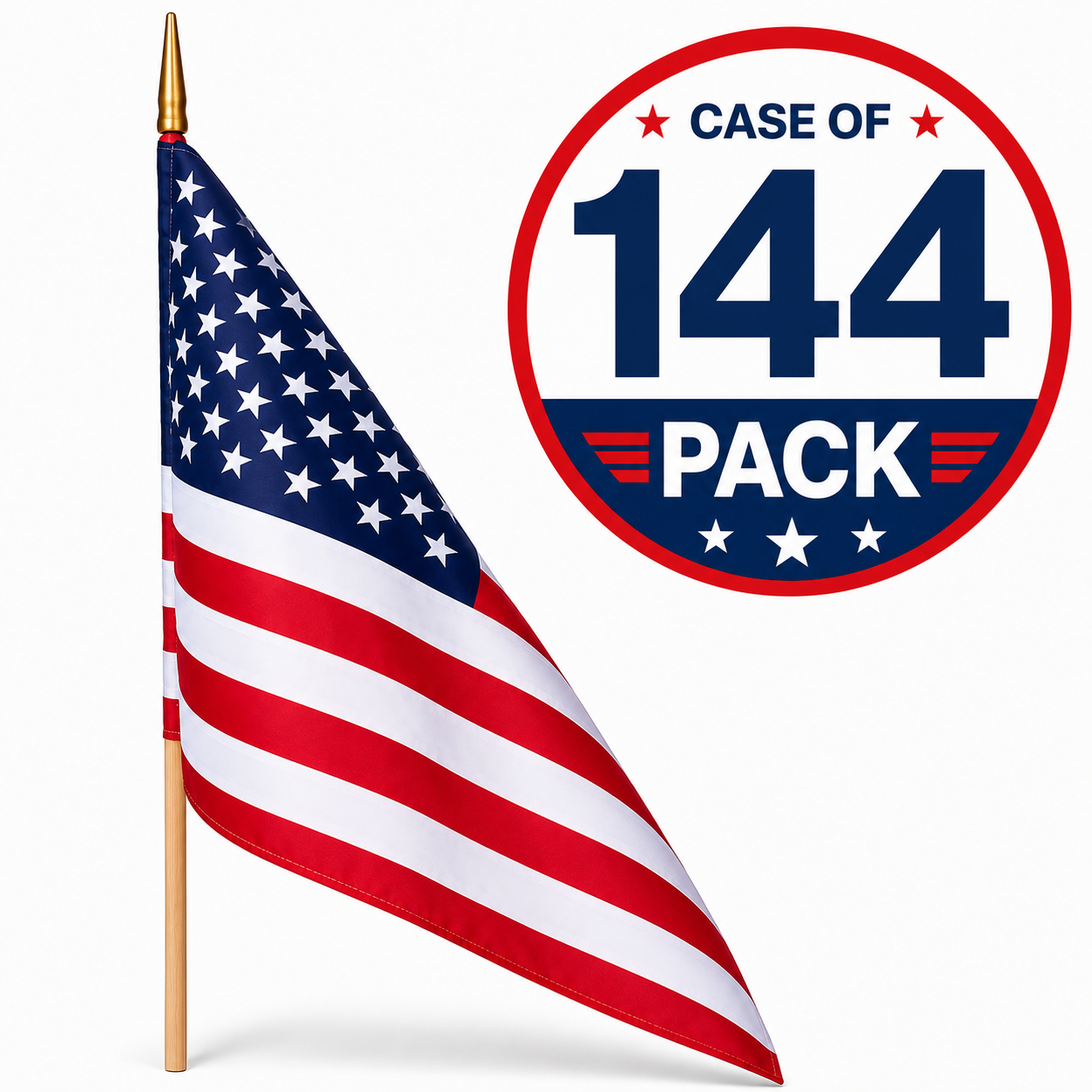 American Stick Flags 12"×18" | 30" Wooden Staff | Gold Spear | Sewn Edges | Made in USA