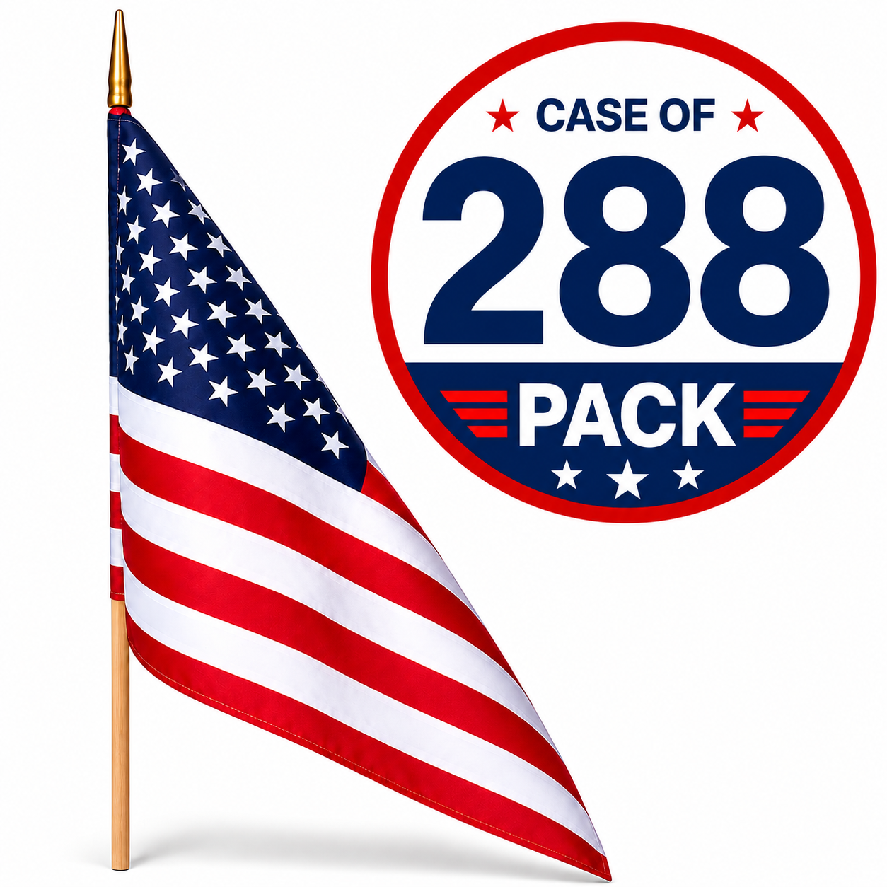 American Stick Flags 12"×18" | 30" Wooden Staff | Gold Spear | Sewn Edges | Made in USA