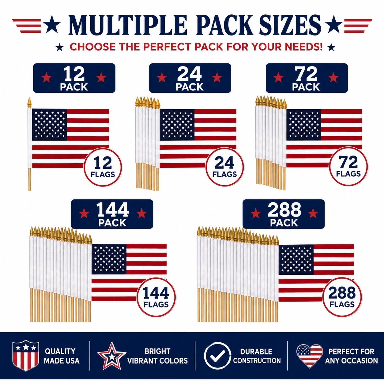 American Stick Flags 8"×12" | 24" Wooden Staff | Gold Spear | Sewn Edges | Made in USA
