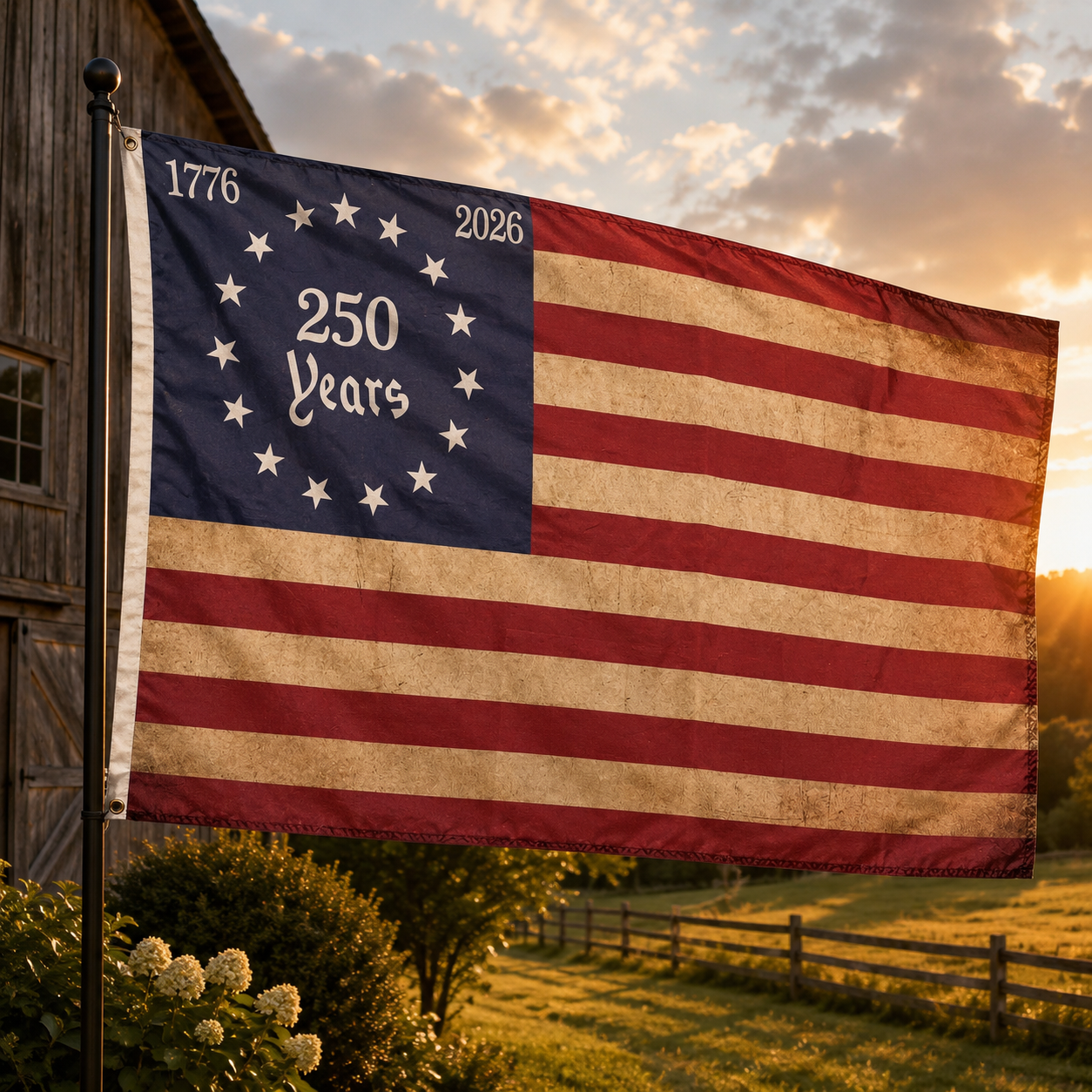 Betsy Ross 250 Years Anniversary Flag | 1776–2026 | 3'x5' Nylon | Vintage Distressed