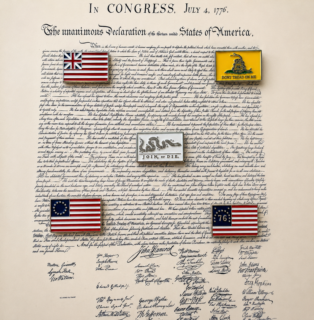 Founding Flags of America Pin Collection | 5 Cloisonné Lapel Pins on Constitutional Parchment