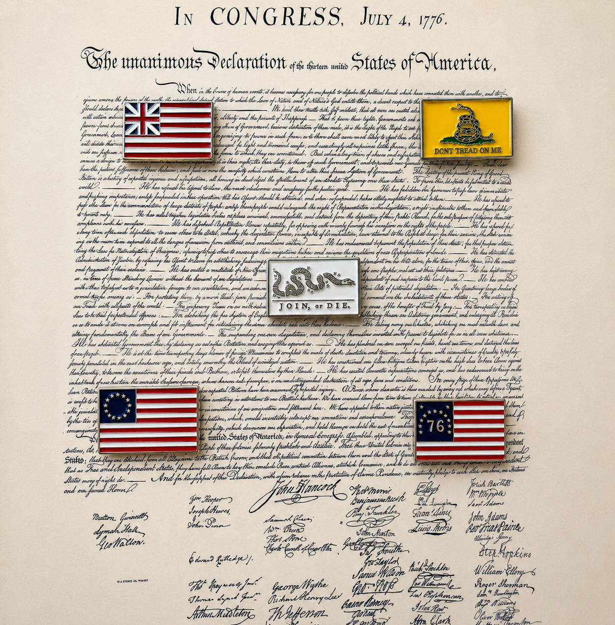 Founding Flags of America Pin Collection | 5 Cloisonné Lapel Pins on Constitutional Parchment