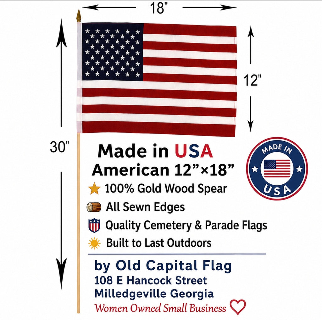 American Stick Flags 12"×18" | 30" Wooden Staff | Gold Spear | Sewn Edges | Made in USA