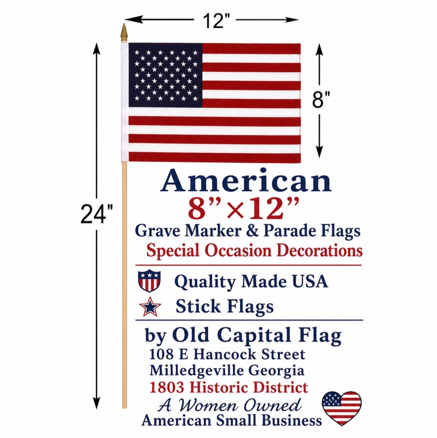 American Stick Flags 8"×12" | 24" Wooden Staff | Gold Spear | Sewn Edges | Made in USA