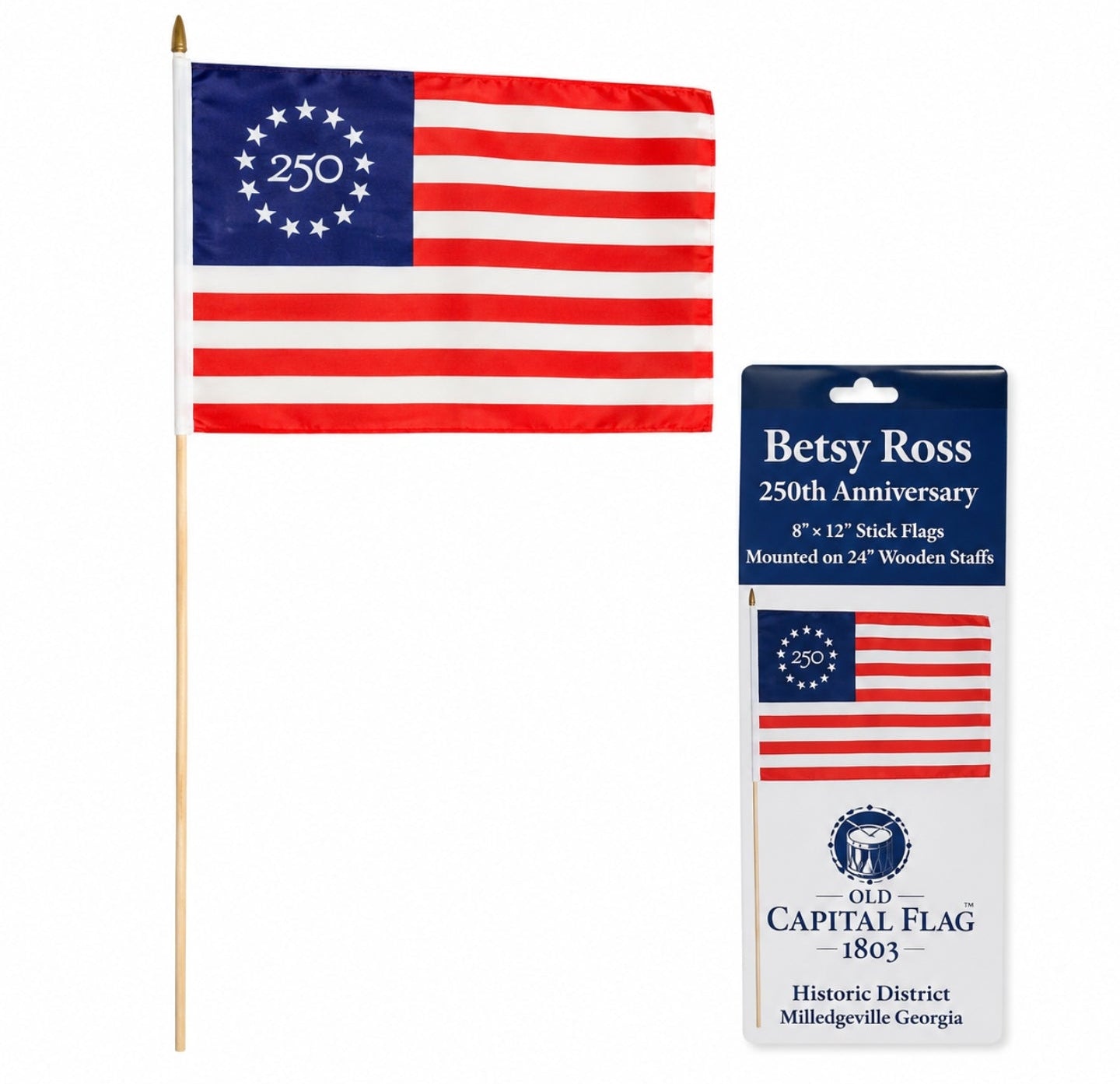 Betsy Ross 250th Anniversary Stick Flags 8"×12" | 13-Star | Sewn Edge | Gold Spear | America 250
