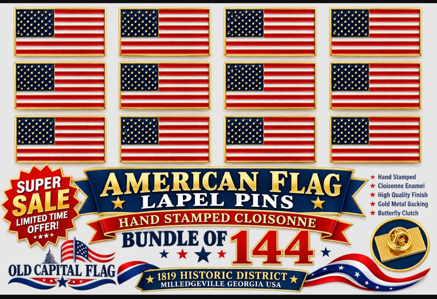 American Flags Lapel Pins Super Sale Hand Stamped Cloisonne Bundle of 144